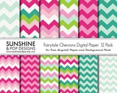 INSTANT DOWNLOAD - 12 Digital Papers Pink and Teal Chevron Pattern perfect for scrapbooking, invitations, baby shower decorations Il_170x135