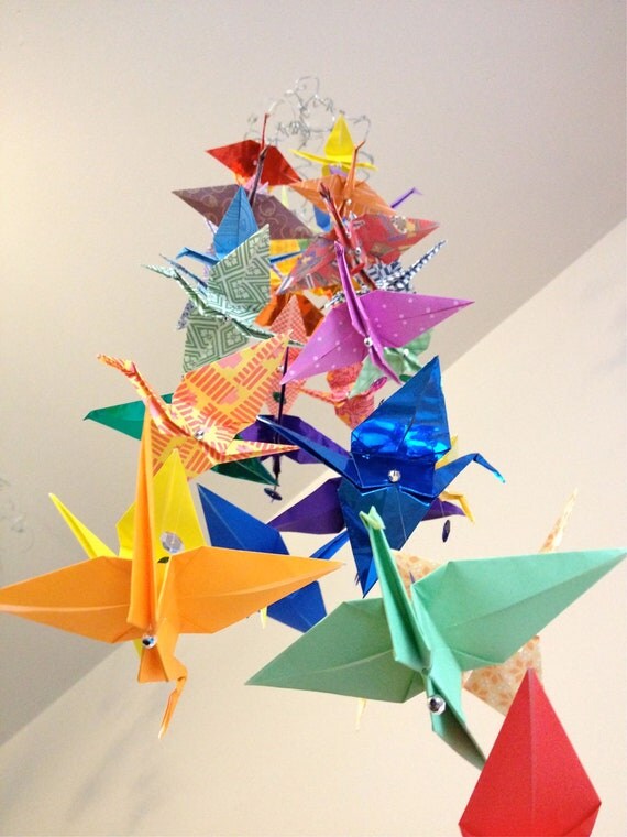 Multicolored Origami Crane Wire Mobile by BetweenTheSpectrum