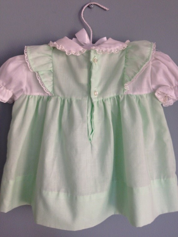 Vintage Baby Girl Smocked Mint Green Dress with Lace Collar