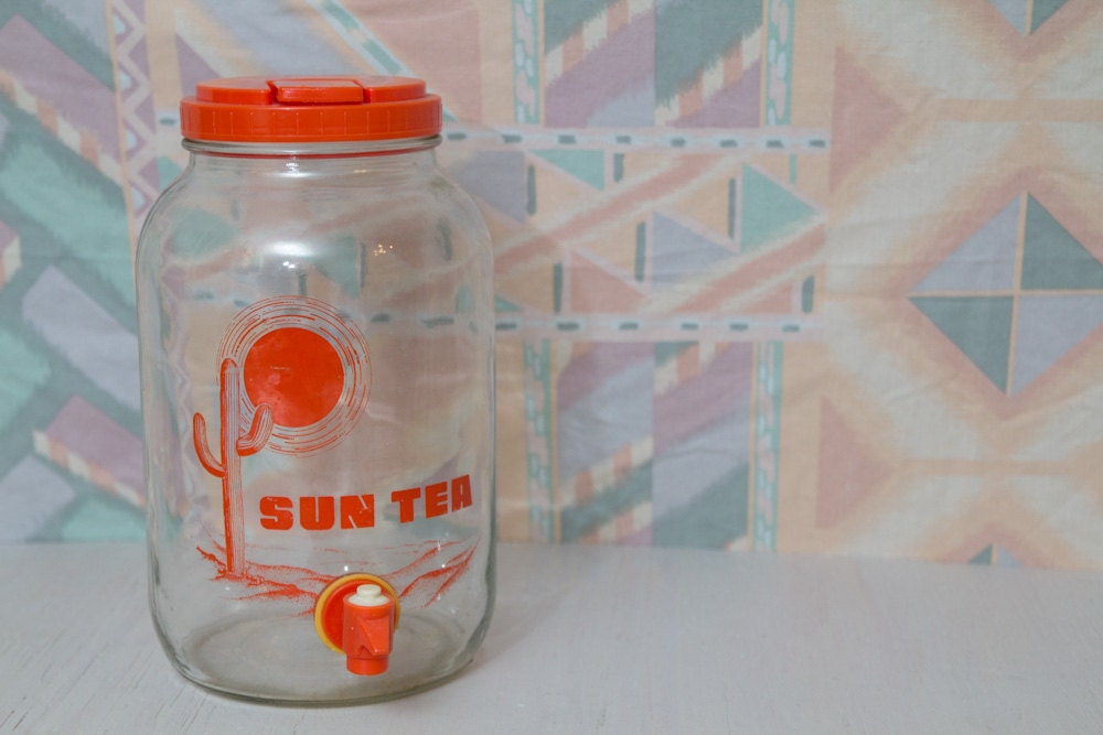 Vintage Sun Tea Glass Dispenser Pitcher w/ Spigot Orange w/