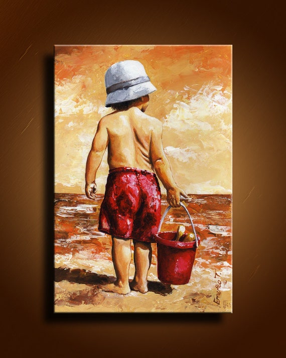 Items similar to Original acrylic painting: little boy on the beach