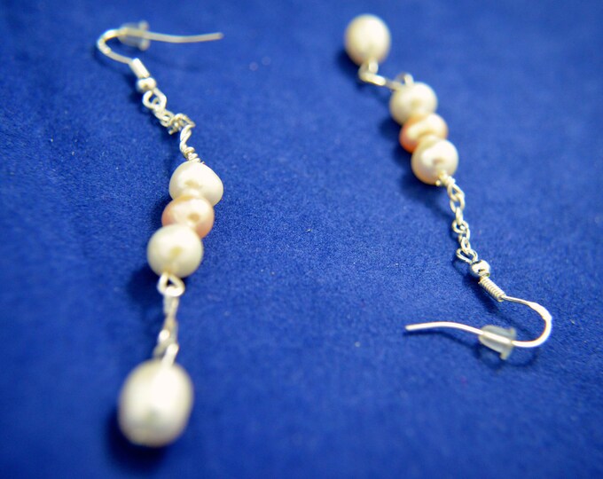 Freshwater Pearls Dangle Earrings, 2.75" Long, Natural, Sterling Silver E75