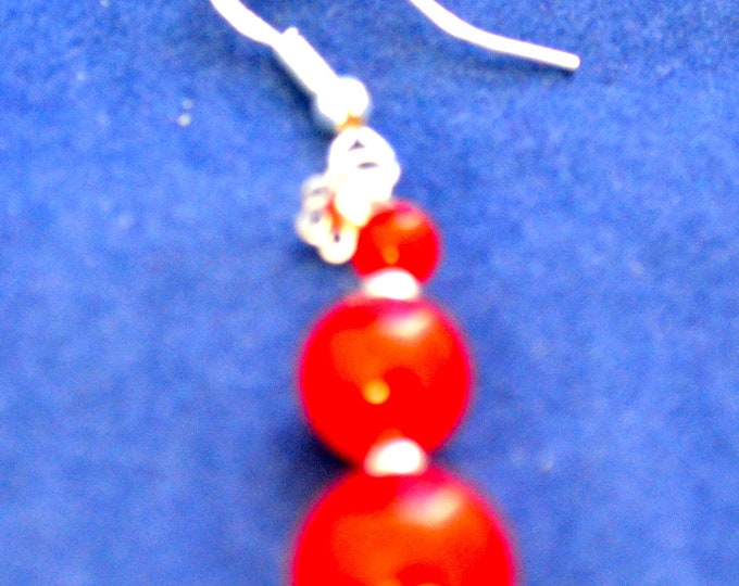 Ruby Gembead Earrings, 2" long, 10, 6 & 4mm Round Beads, Natural, Sterling Silver E245