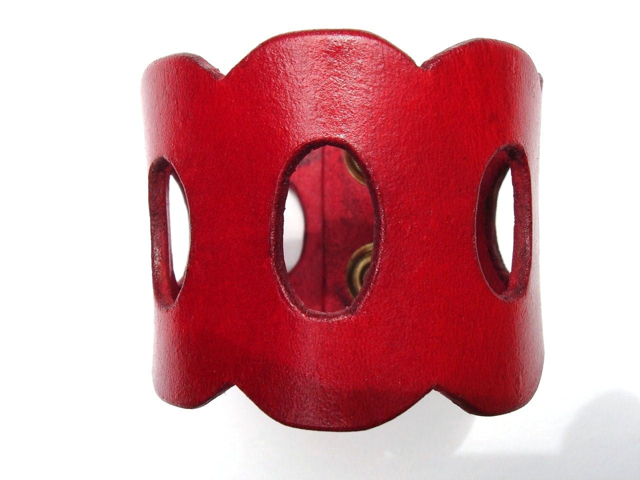Red Leather Cuff Bracelet. Womens Cut out Leather Red