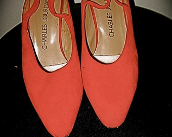 Charles Jourdan Red Suede Slingbacks, early 1990's, 2 and 1/2 inch heel, size 51/2 M, but will fit a 6