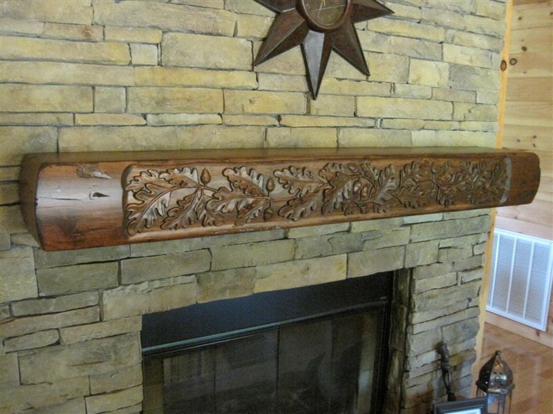 Rustic Fireplace Mantel With Carved Oak Leaves