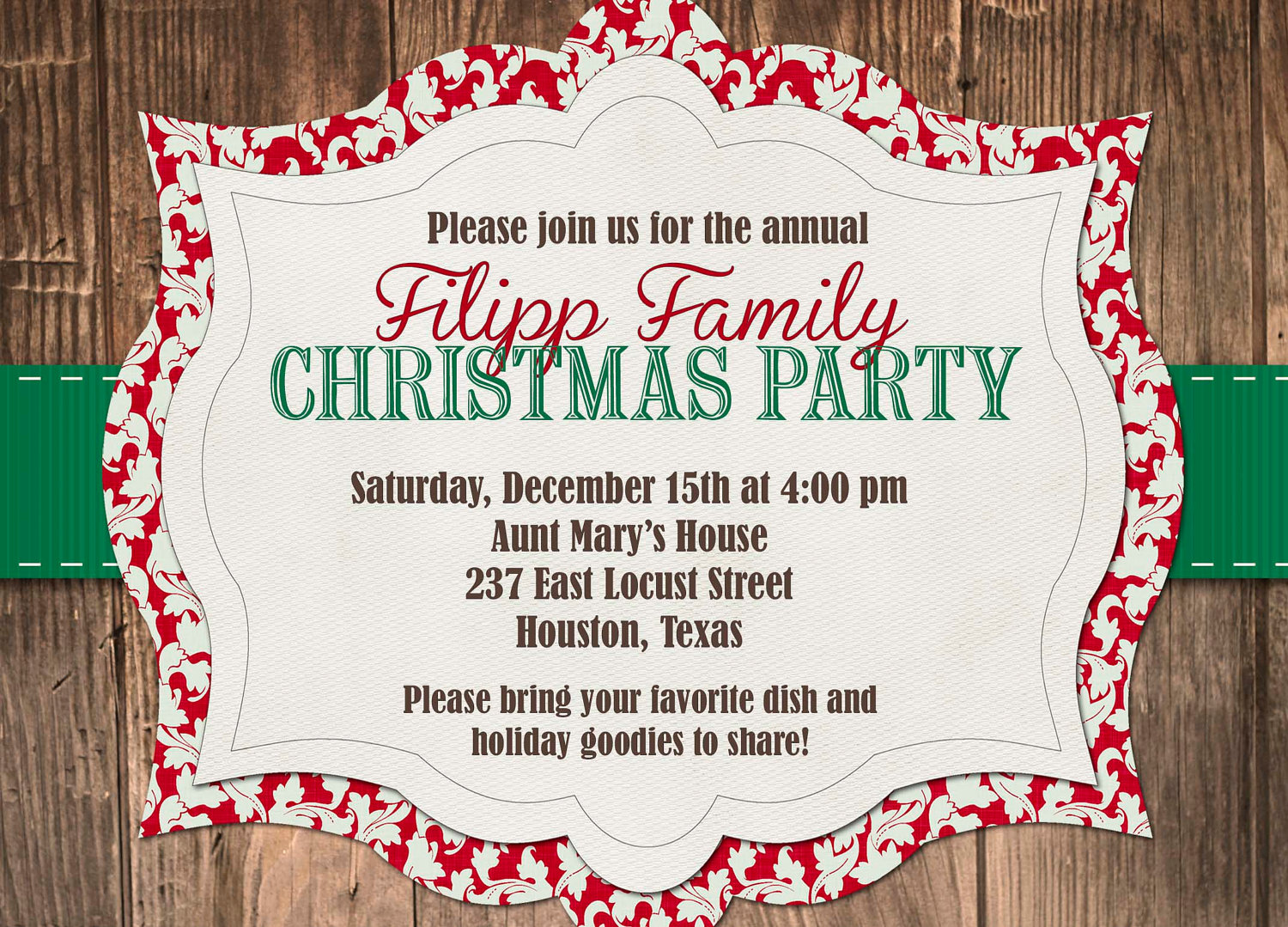 Custom Red and Green Rustic Christmas Party Invitation