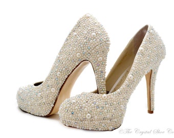 Swarovski pearl ivory cream crystal encrusted embellished wedding Bridal platform high heel shoes