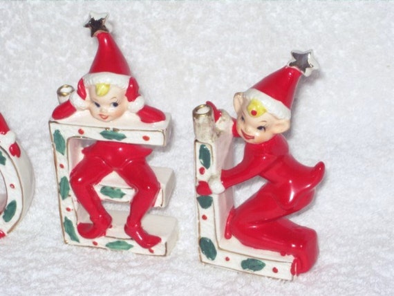 Vintage Christmas Santa Pixie Elf NOEL Candle Holder Porcelain