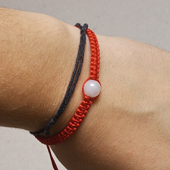 Tiny Red Kabbalah macrame bracelet 8mm white stone by KUKAJTUcom