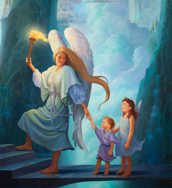 Items similar to Angel and children arriving in heaven. Original Oil ...