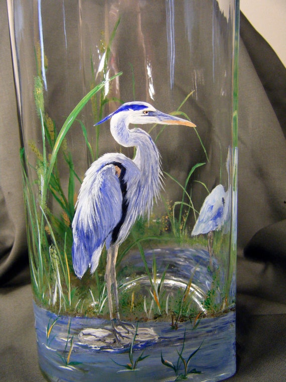 Blue Heron Glass Vase Hand Painted