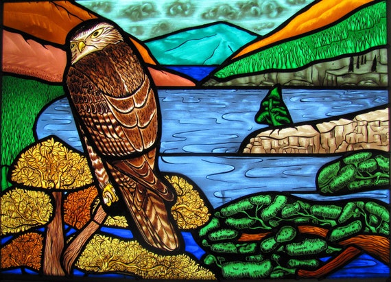 Redtailed Hawk on the Watch Stained Glass by Woodlandstainedglass