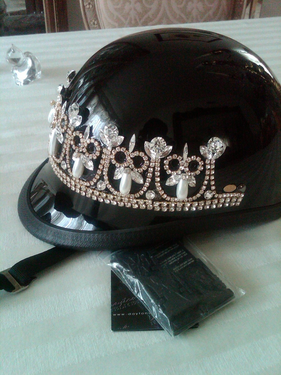 Elegant Pearl and Crystal Tiara Motorcycle Helmet