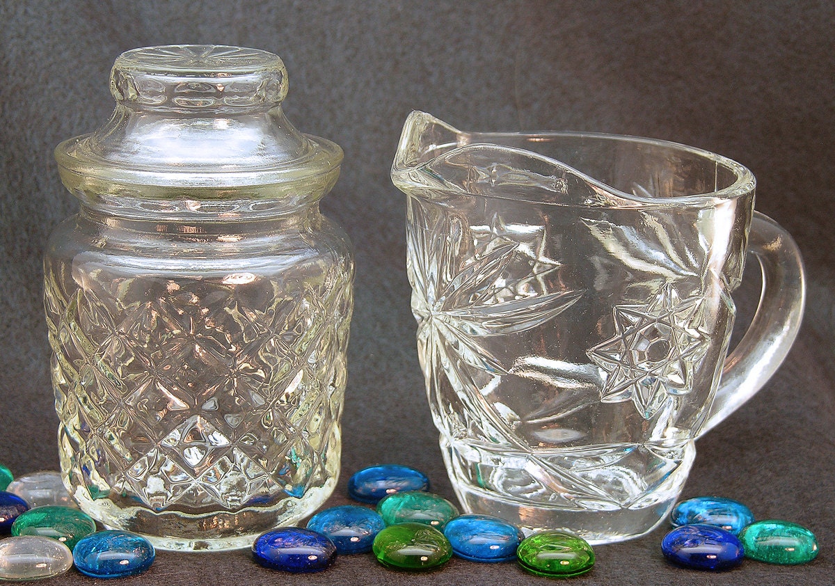 Vintage Molded Glass Lidded Sugar Jar and Cream Pitcher
