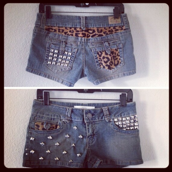 Items similar to New Custom Studded denim shorts with leopard print ...