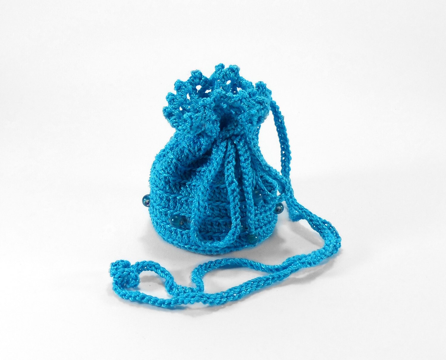 Small Crochet Pouch Jewelry Bag with Drawstring Blue by Smalkumi