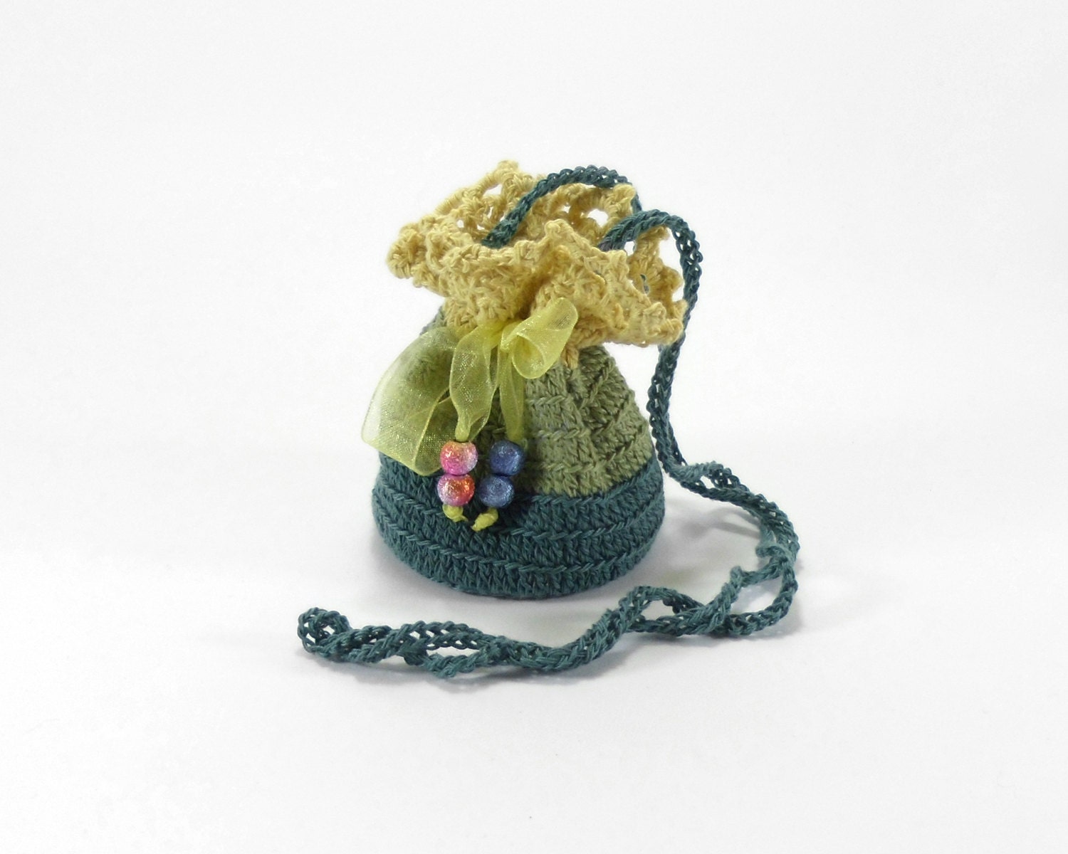 Crochet Mini Pouch Jewelry Bag with Drawstring Green by Smalkumi