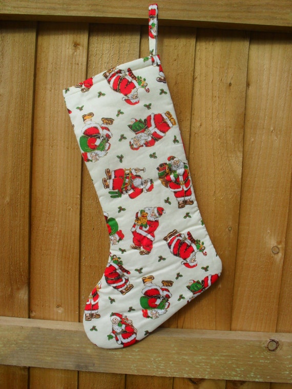 Cream Santa Christmas / Holiday Stocking lined with green