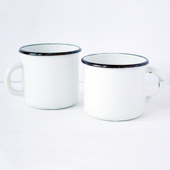 vintage white  white with Set of vintage on cups cups two metal  black enamelled borders