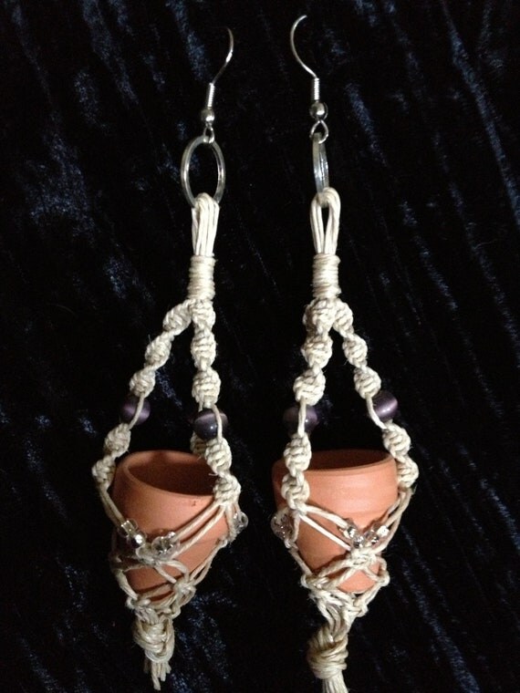Macrame miniature flower pot earrings