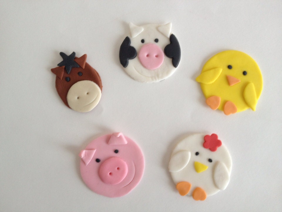 12 Edible Fondant Farm Animals Cupcake Toppers