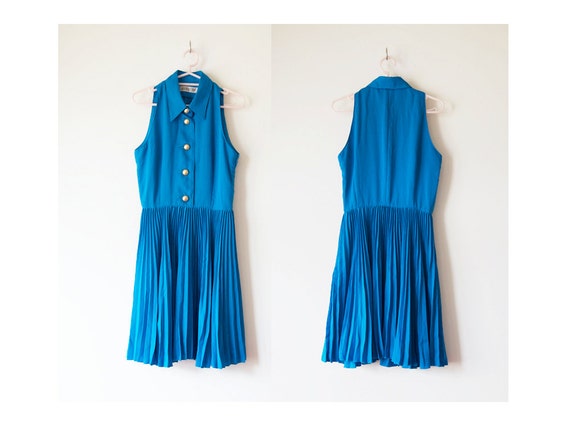 Vintage Japanese 1980s Ocean Blue Sleeveless Pleated dress with Gold buttons