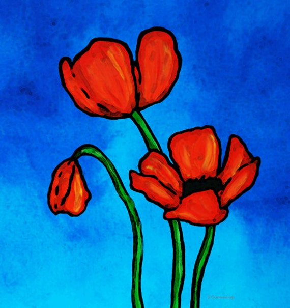 Red Poppies Print from Painting Colorful Blue Sky Poppies Love