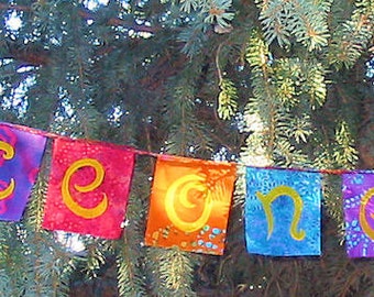 Peace on Earth Flag Garland Rainbow Colors Batik Boho Gypsy Hippie