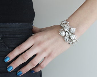 Wedding Cuff Bracelet Rhinestone Flower Cuff Bracelet Silver Bridal Bracelet Crystal Cuff Swarovski Wedding Jewelry, KATE