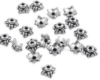 Antiqued Silver Bronze Bead Caps – Flower Shape, 7mm Fit 10-14mm Beads (B8375)