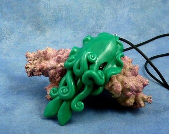 Jade Cuttlefish Necklace, Blue Green Handmade Polymer Clay Jewelry