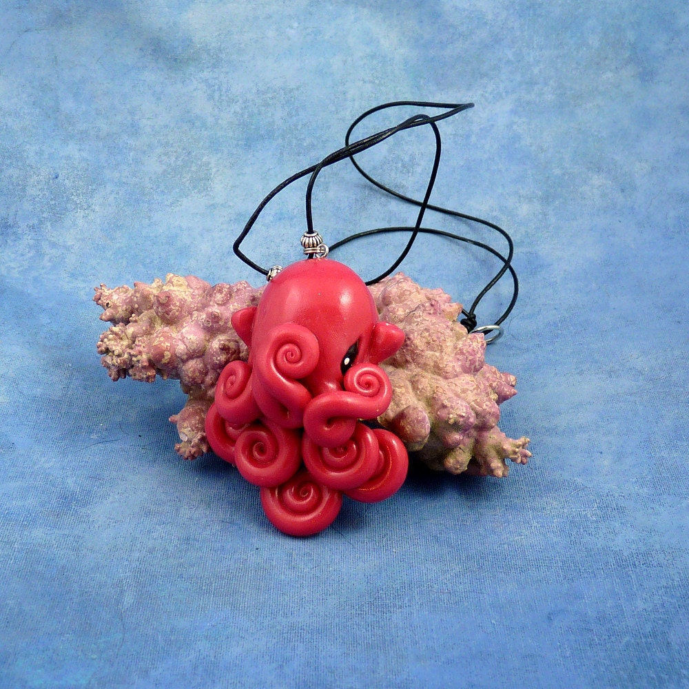 Sunset Octopus Necklace Fuchsia Polymer Clay Cephalopod