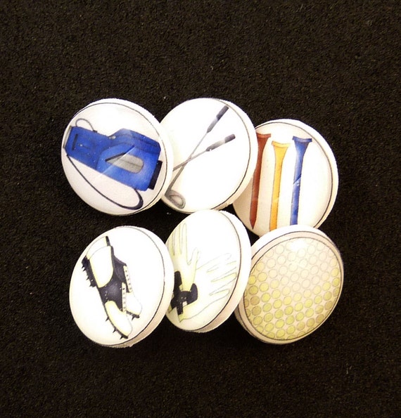 Golf Themed Buttons. 6 SMALL Golf Handmade Buttons. SHANK