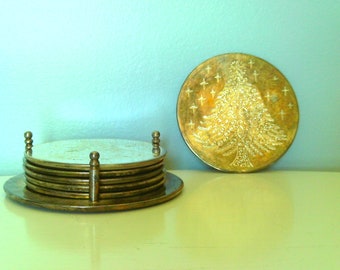 Silver Plate Christmas Tree Coasters Set , Aged Silver Patina , Vintage Silver Christmas Decor , Vintage William Rogers Silver Coaster Set