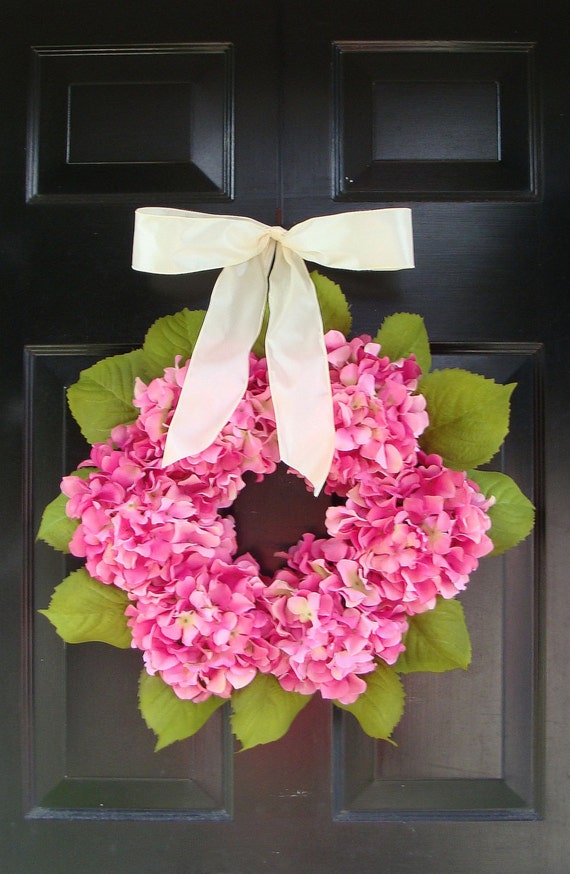 Pink Hydrangea Wreath with Ribbon Spring Wreath Girls Room
