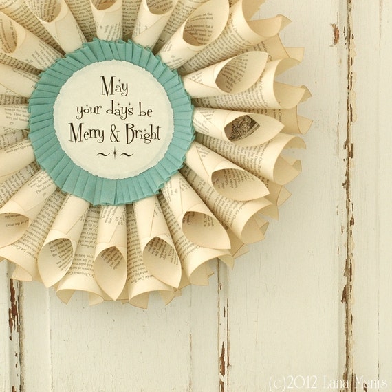 Christmas Wreath - Merry and Bright - Vintage Book Page Wreath - Winter Decor - Cottage Chic - MTO - Mint Aqua Blue Green