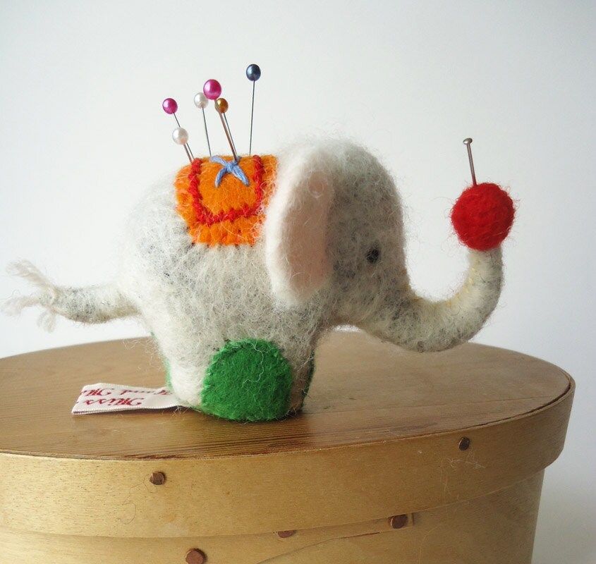 Original Needle Felted White Elephant Pin Cushion by MissBumbles