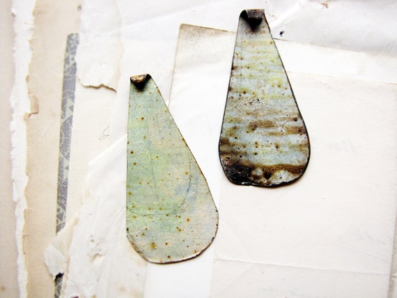 handmade vintage tin drops- artisan made findings - green drops - rustic reclaimed metal