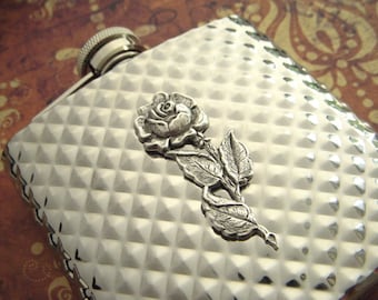 Silver Rose Flask Silver Plated Metal Flask Steampunk Style Gothic Victorian Vintage Inspired Diamond Pattern Gifts For Her