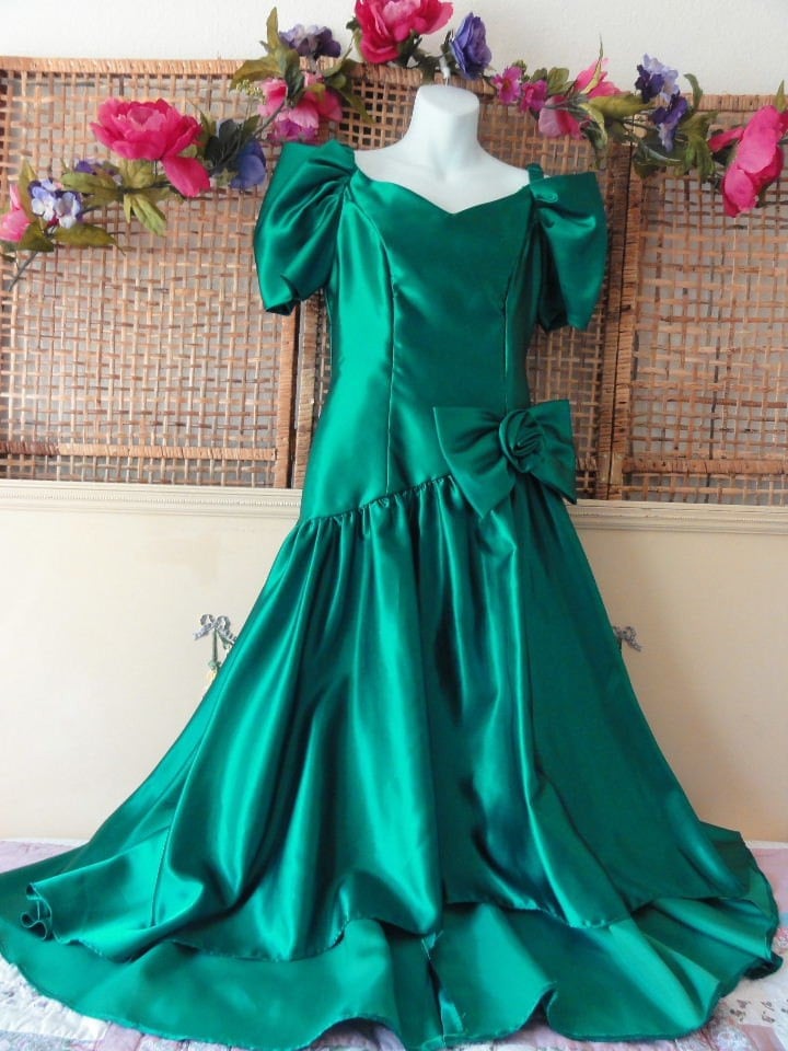 RESERVED Vintage 80's Prom Dress-Emerald Green Satin
