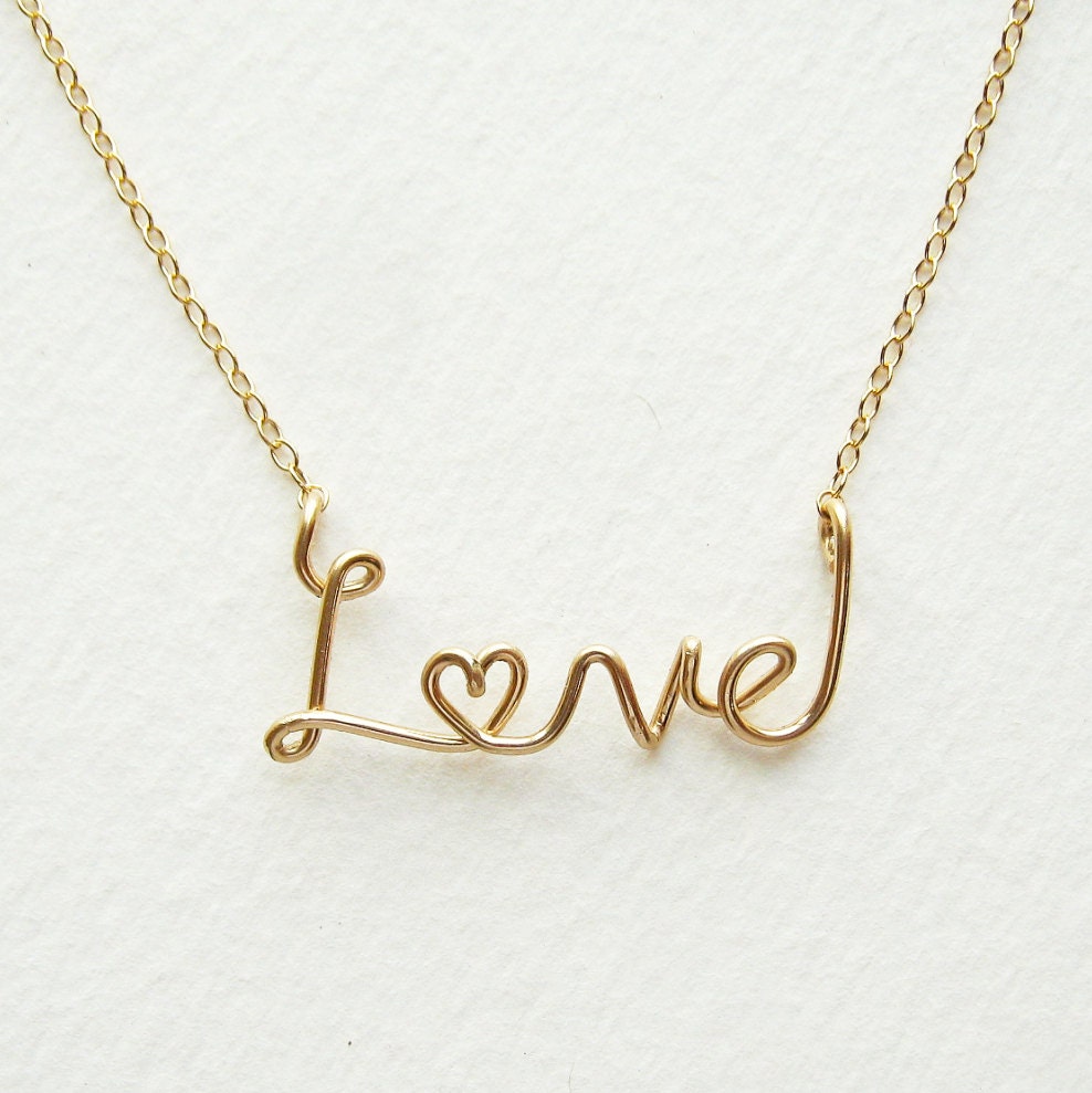 Gold Love Necklace. 14k Gold Fill Cursive Script Love Heart