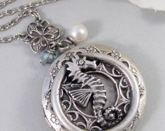 Seahorse,Locket,Sea,Horse,Ocean Locket,Antique Locket,Silver Locket,Goddess,Ocean Locket,Handmade jewelry by valleygirldesigns