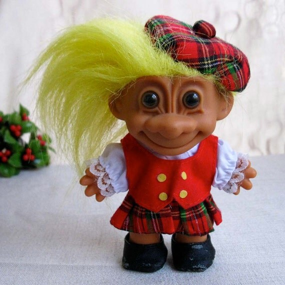 Vintage Scottish Christmas Troll Doll with Tartan Plaid Kilt