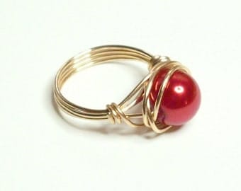 Red Pearl Gold Handmade Wire Wrapped Ring Sizes 1-14