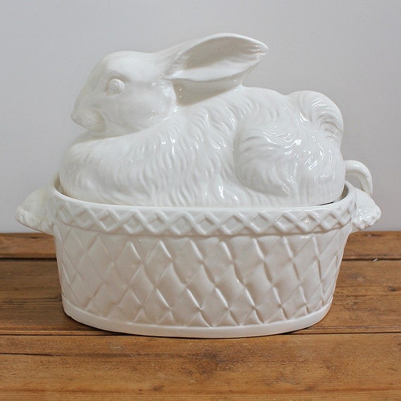 White Ceramic Rabbit Bunny Covered Soup Tureen