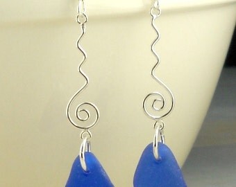 Eco Friendly Sterling Silver Genuine Cobalt Blue Sea Glass Earrings