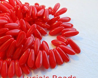 NEW GORGEOUS Czech Glass Dagger Beads in Red Coral (25) 3 x 10 MM