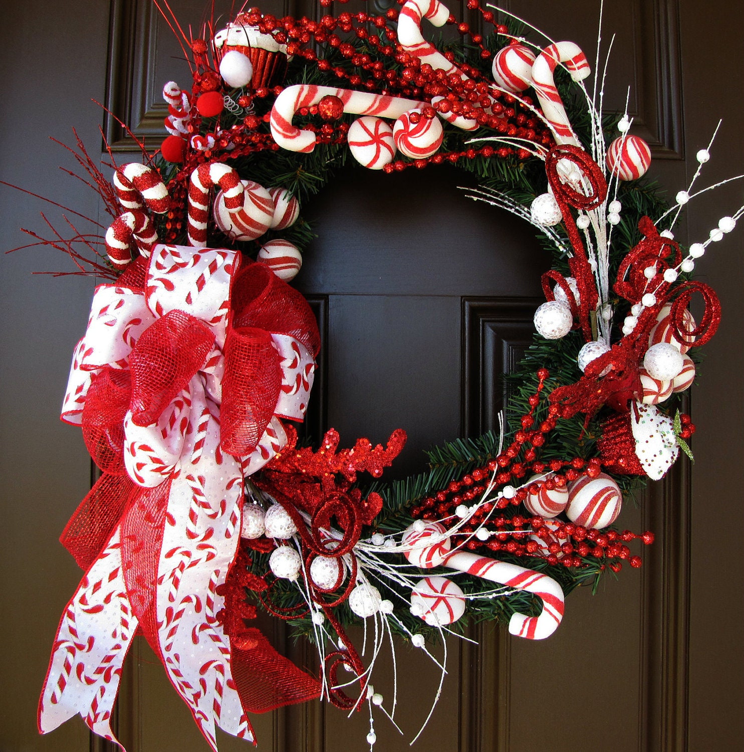 Christmas Wreath Evergreen Wreath Red and White Candy Cane