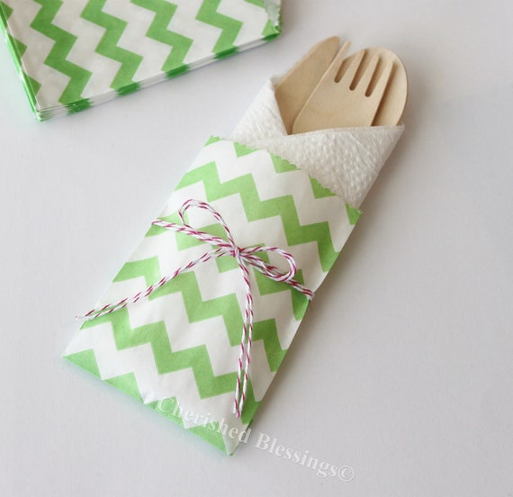 10 Wood Wooden Cutlery Bags w/ Silverware Utensils Table Setting Wedding Kids Birthday Party Baby Shower Favors Paper Goods Lime Chevron Il_570xn